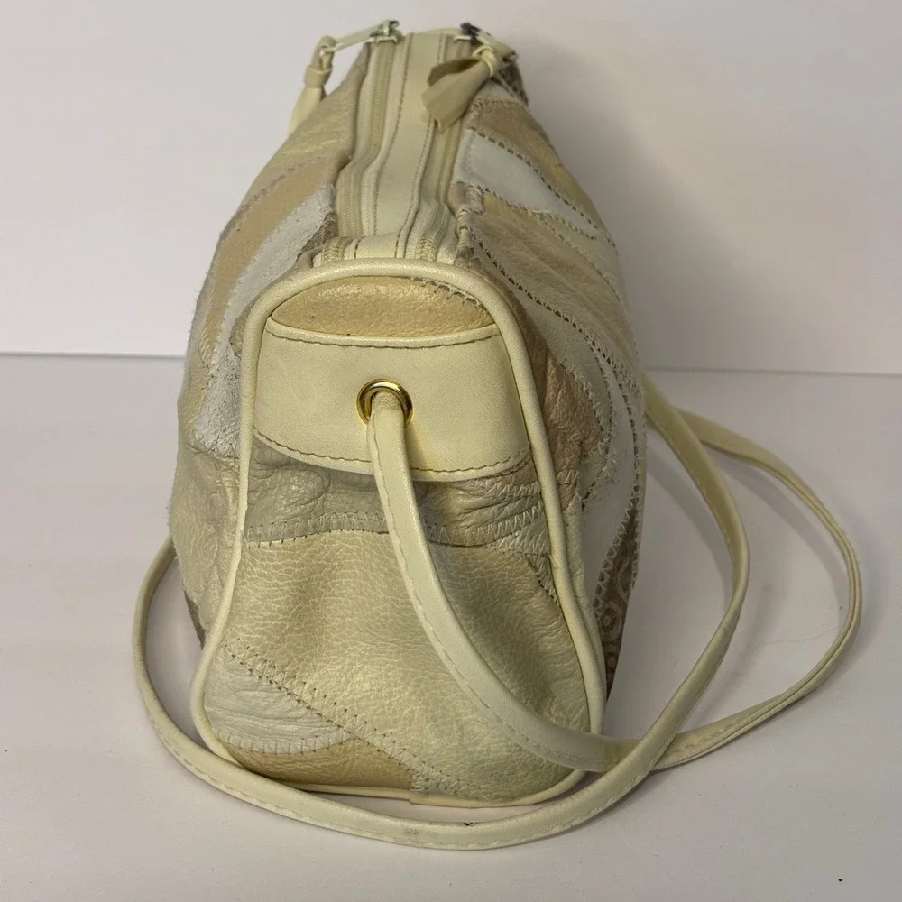 Vintage Patchwork Leather Shoulder Bag Purse‎ Neutral Tones Handbag Beige Boho